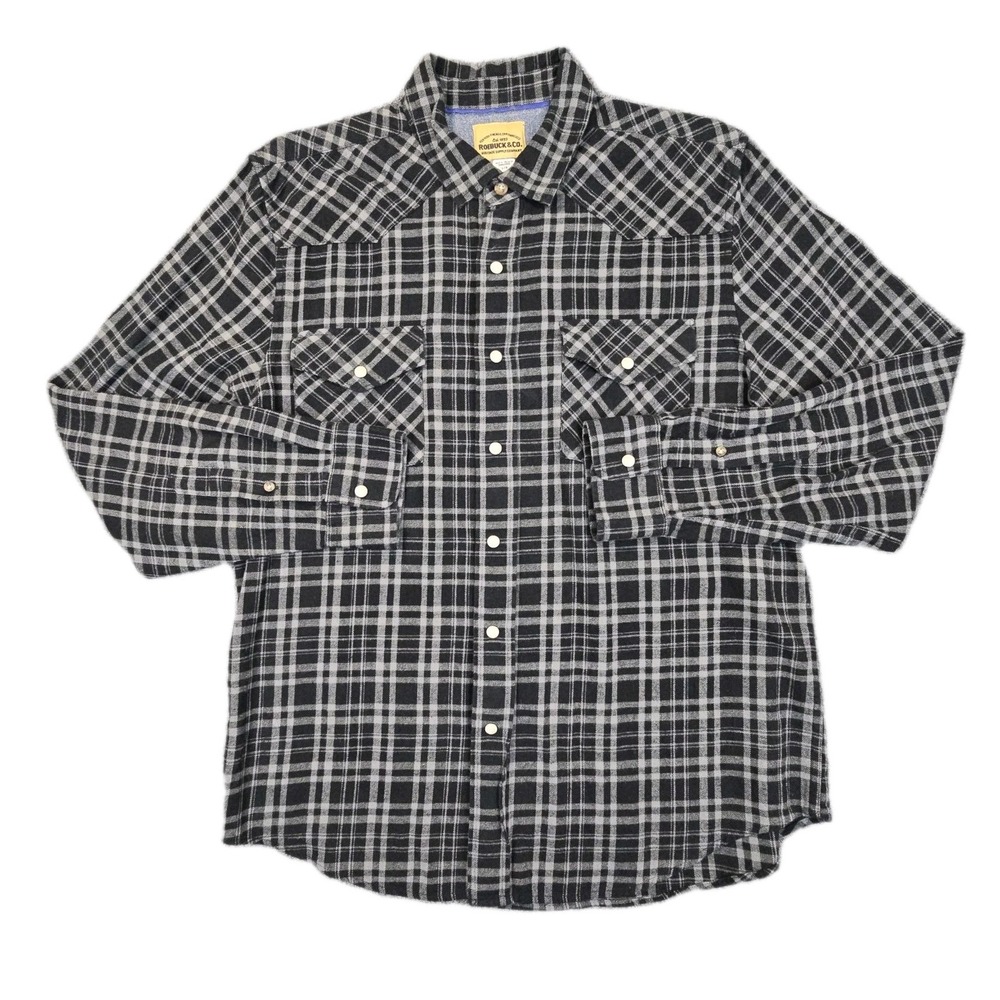 Roebuck & Co. Black Plaid Pearl Snap Western Shirt Size‎ Large 100% Cotton